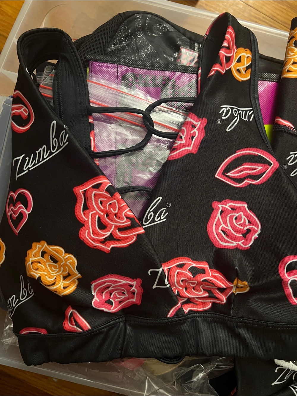 Zumba Fitness Black Sport Bra with Pink and Orange Rose Graphics